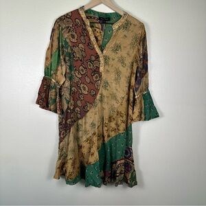 YOUNG THREADS Boho Flowy Hippie Patchwork Overdyed Large Babydoll Mini Dress